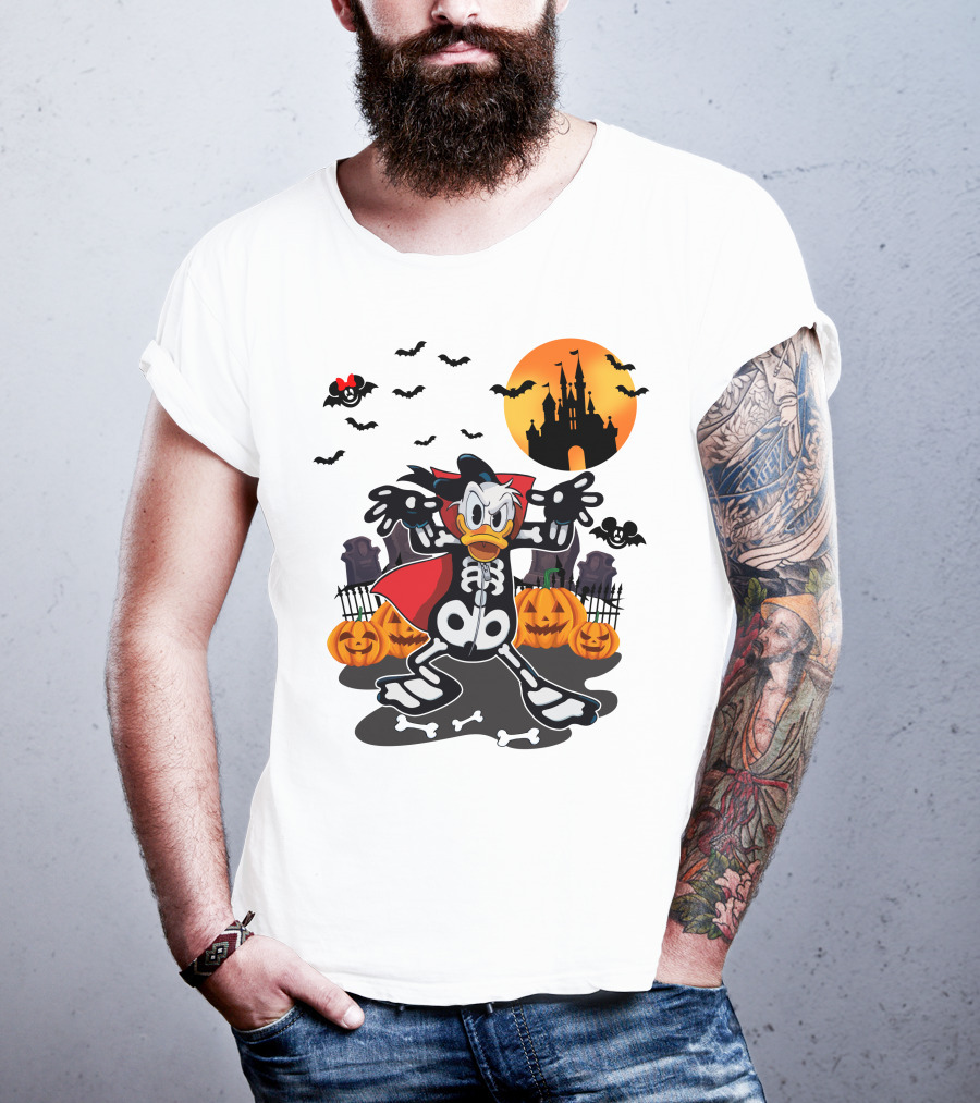 Donald Duck Halloween Skeleton Costume With Bats And Castle T-Shirt