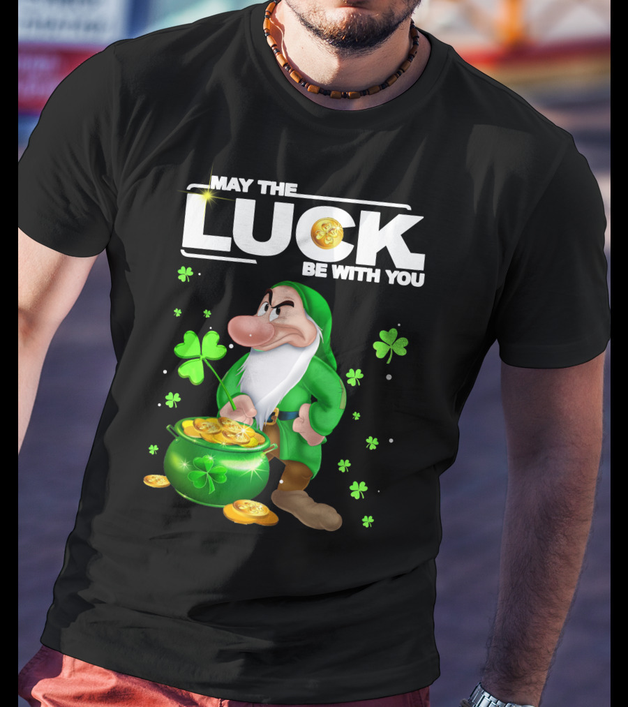 MAY THE LUCK BE WITH YOU Grumpy Gnome With Coins And Clovers T-Shirt