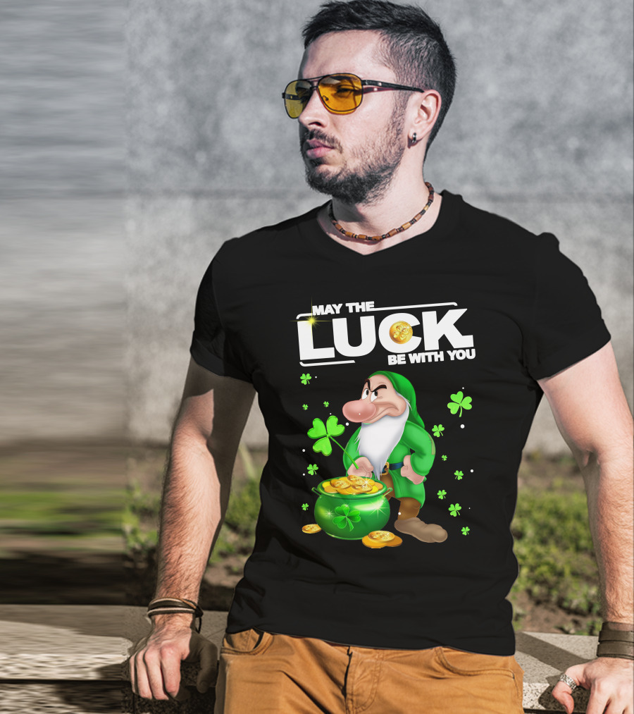 MAY THE LUCK BE WITH YOU Grumpy Gnome With Coins And Clovers T-Shirt