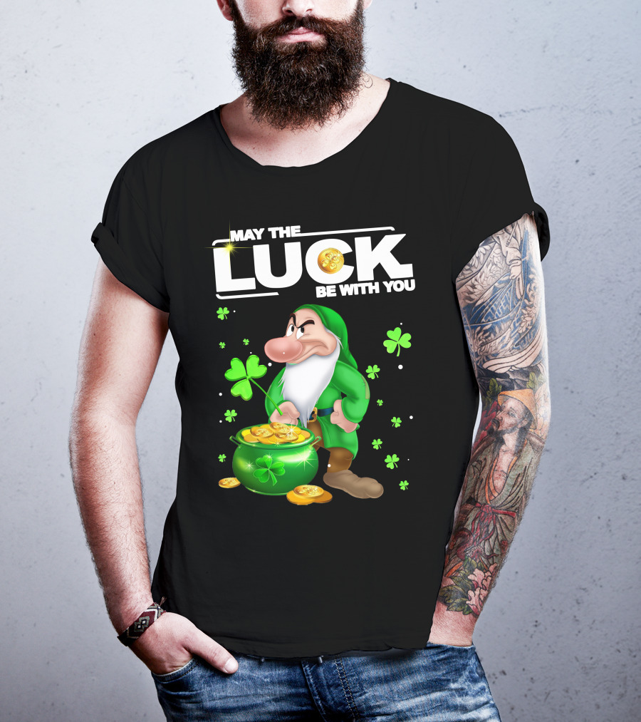 MAY THE LUCK BE WITH YOU Grumpy Gnome With Coins And Clovers T-Shirt