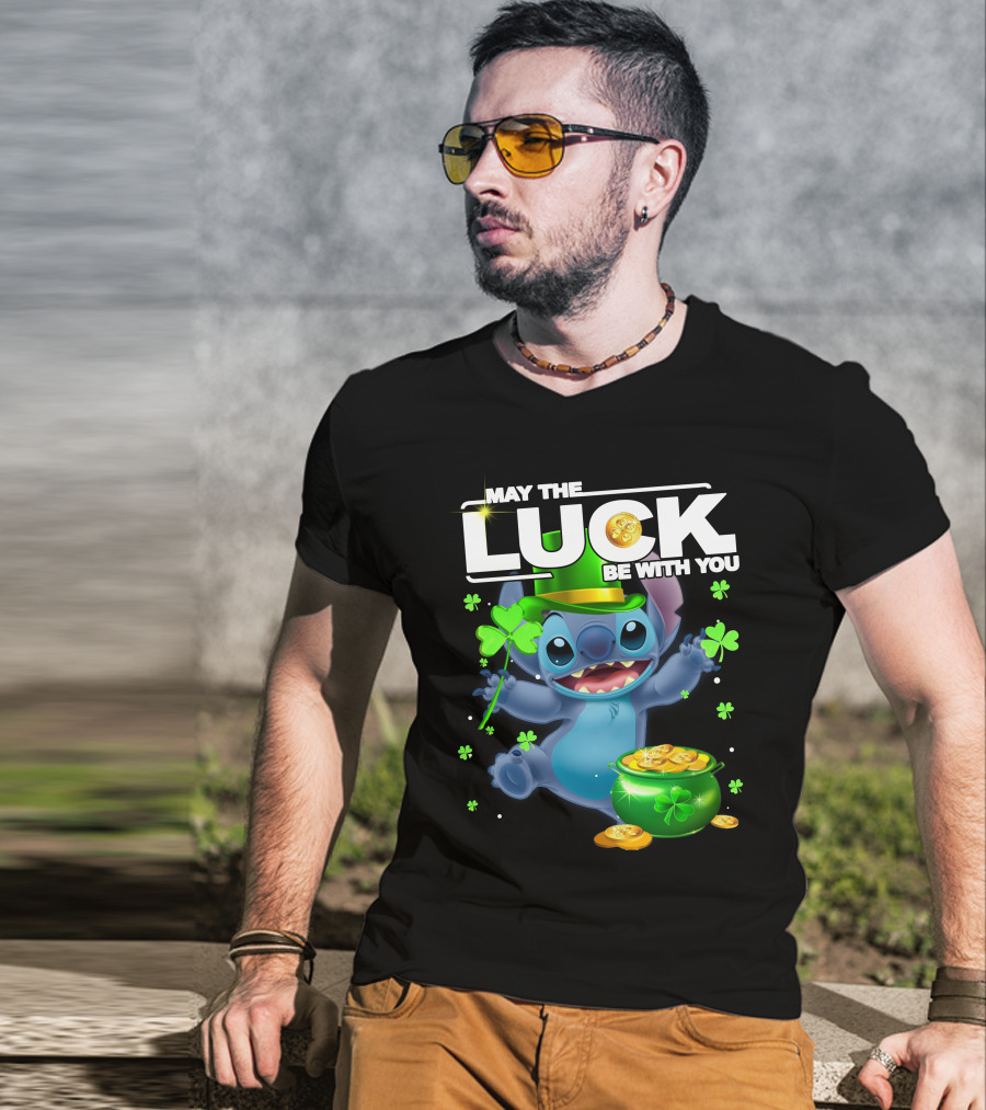 May The Luck Be With You Stitch Pot Of Gold Shamrocks T-Shirt