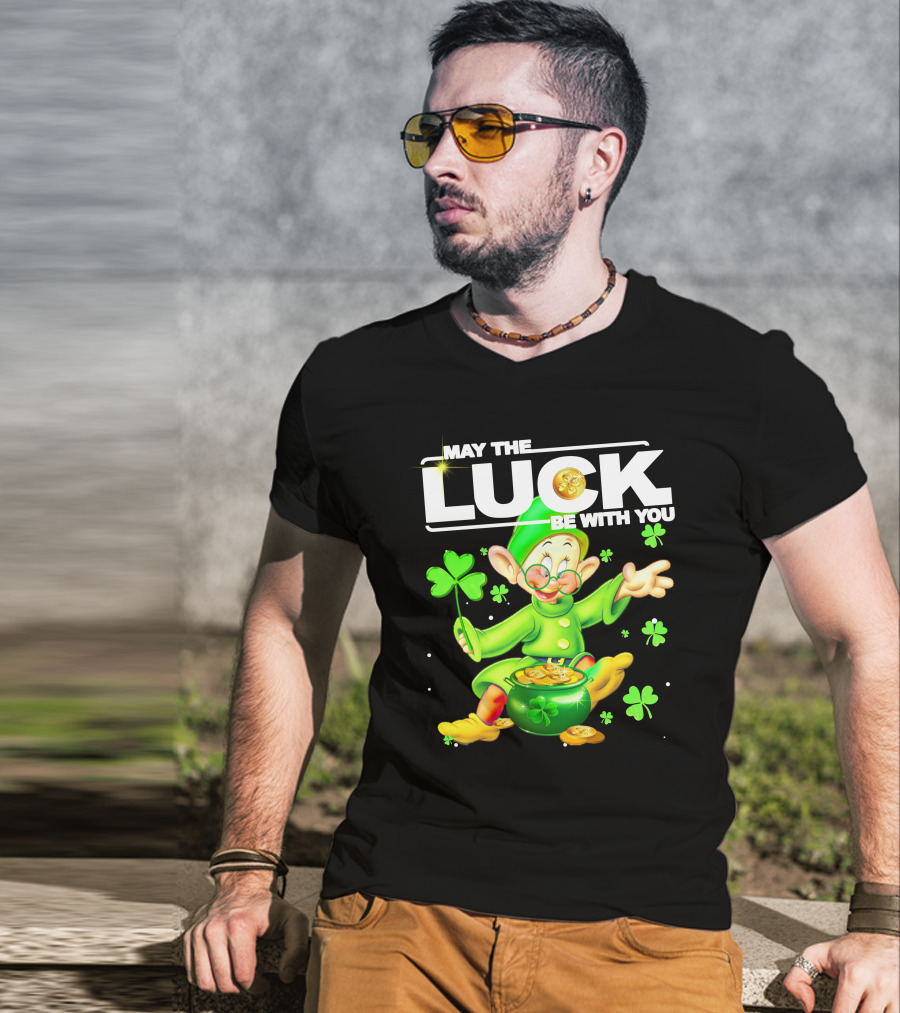 MAY THE LUCK BE WITH YOU Green Leprechaun With Gold Coins And Shamrocks T-Shirt
