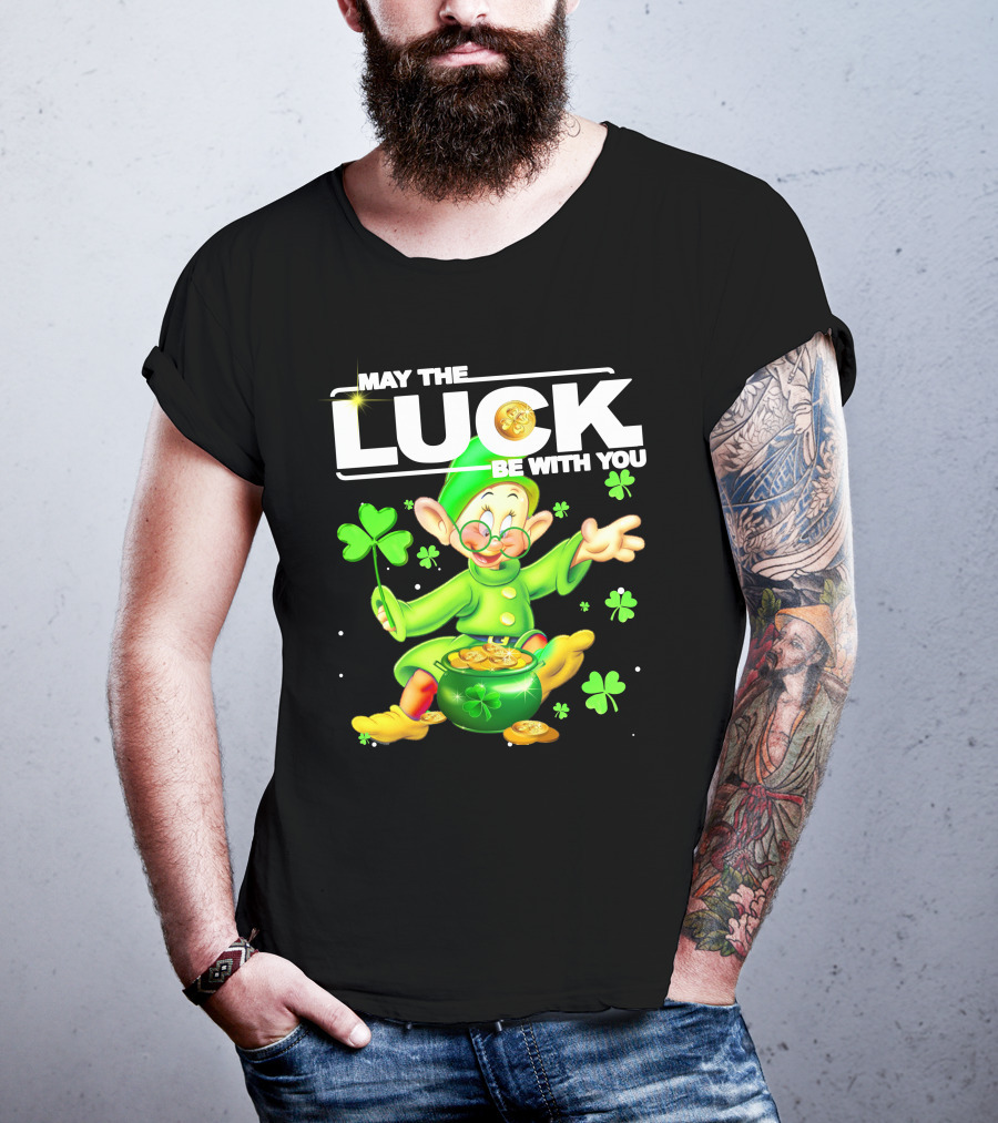 MAY THE LUCK BE WITH YOU Green Leprechaun With Gold Coins And Shamrocks T-Shirt