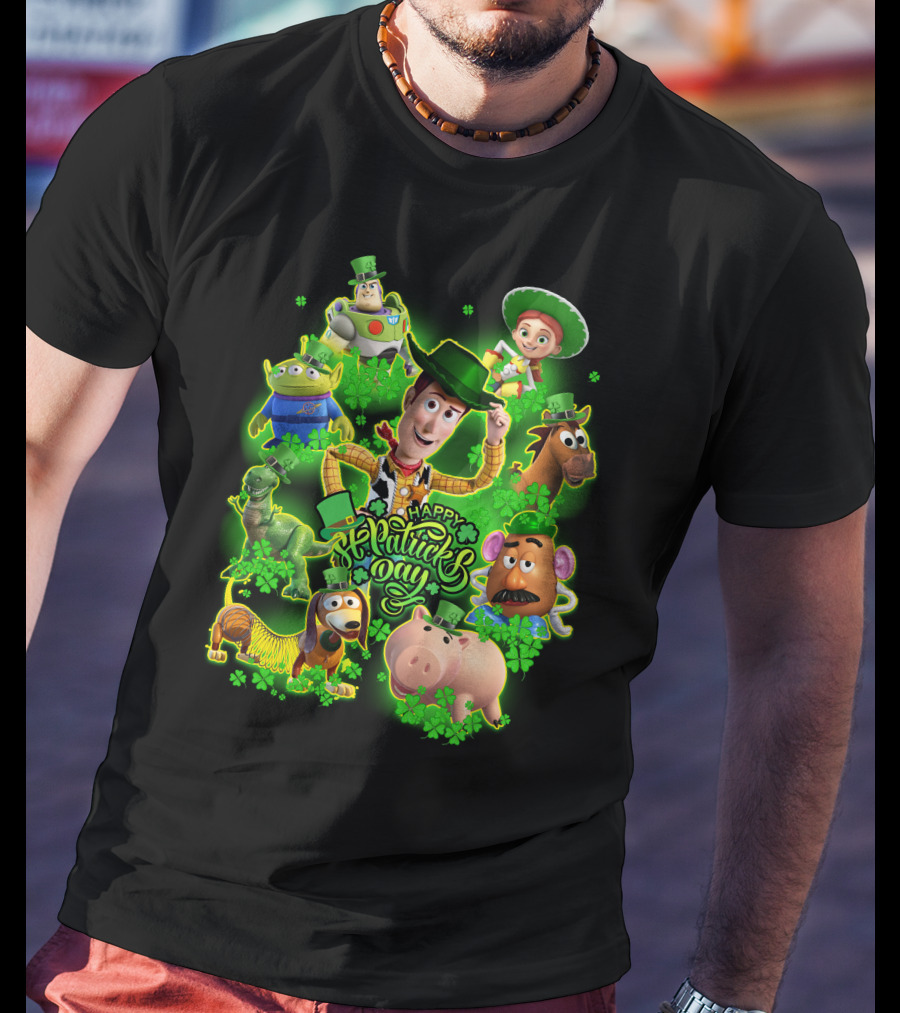 Happy St. Patrick's Day Toy Story Characters In Green Outfits With Shamrocks T-Shirt