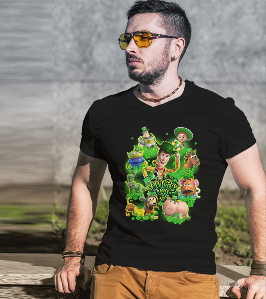 Happy St. Patrick's Day Toy Story Characters In Green Outfits With Shamrocks T-Shirt