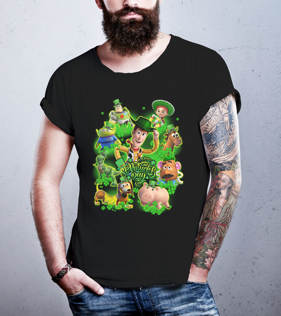 Happy St. Patrick's Day Toy Story Characters In Green Outfits With Shamrocks T-Shirt
