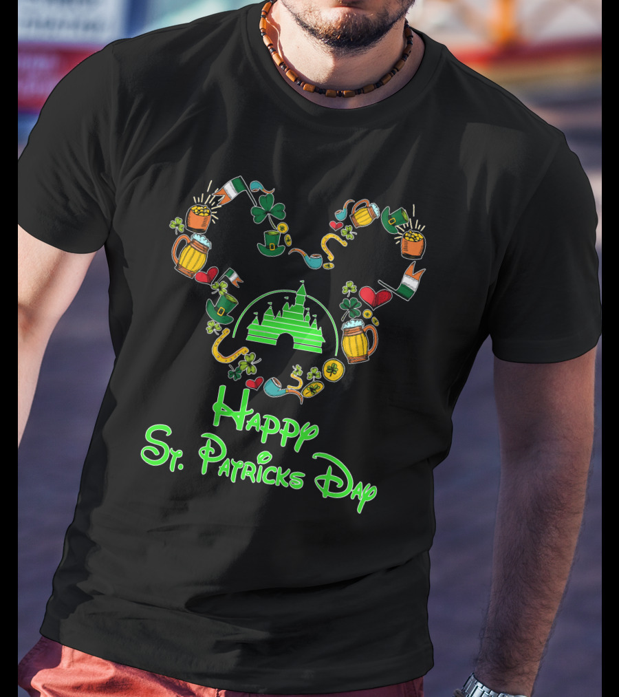 Happy St. Patrick's Day Disney Castle With Shamrock And Beer Icons T-Shirt