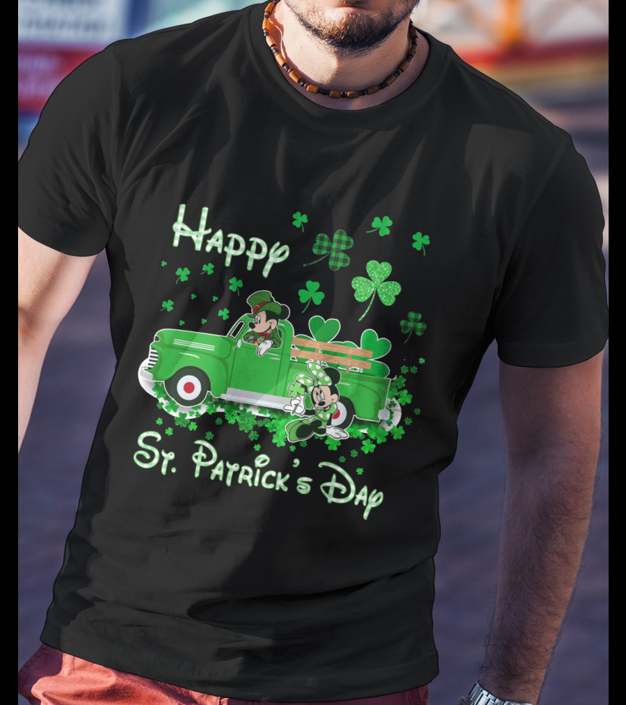 Happy St. Patrick's Day Mickey Mouse Green Truck Shamrocks T-Shirt