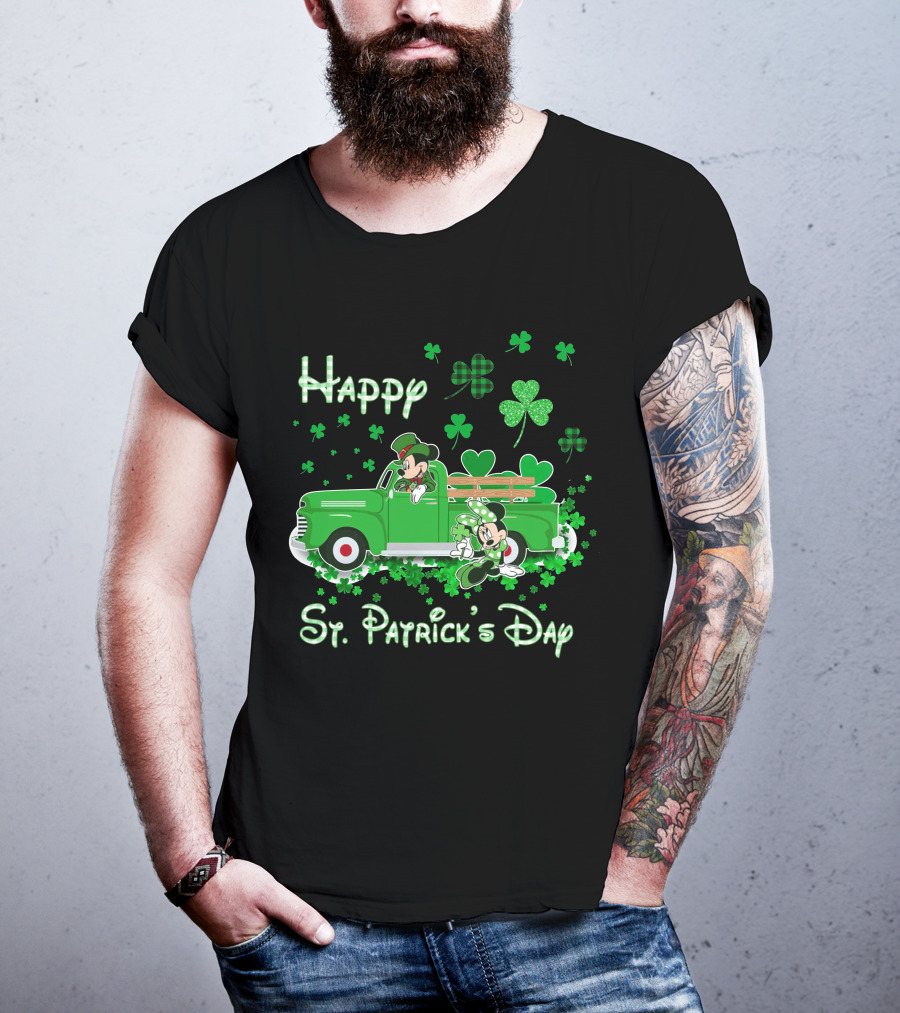 Happy St. Patrick's Day Mickey Mouse Green Truck Shamrocks T-Shirt