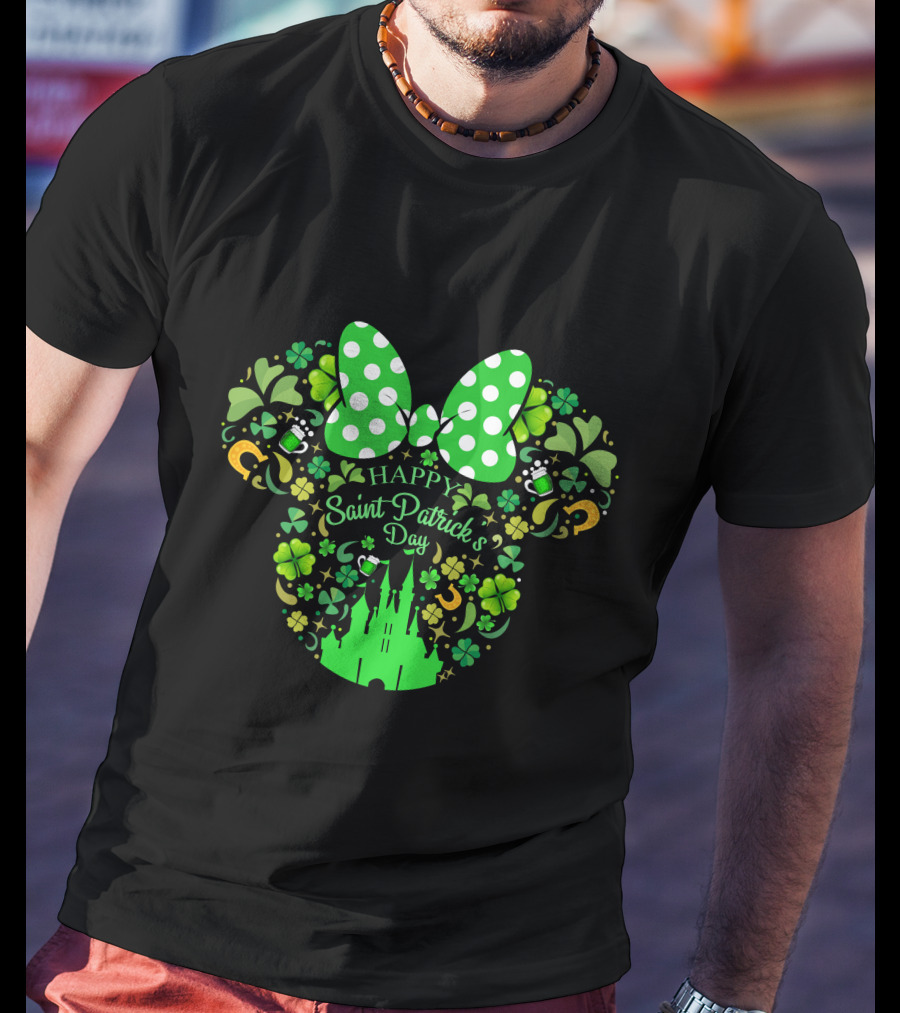 Minnie Mouse Happy Saint Patrick's Day With Shamrocks And Castle T-Shirt