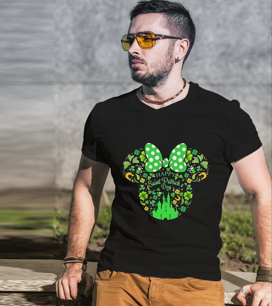 Minnie Mouse Happy Saint Patrick's Day With Shamrocks And Castle T-Shirt