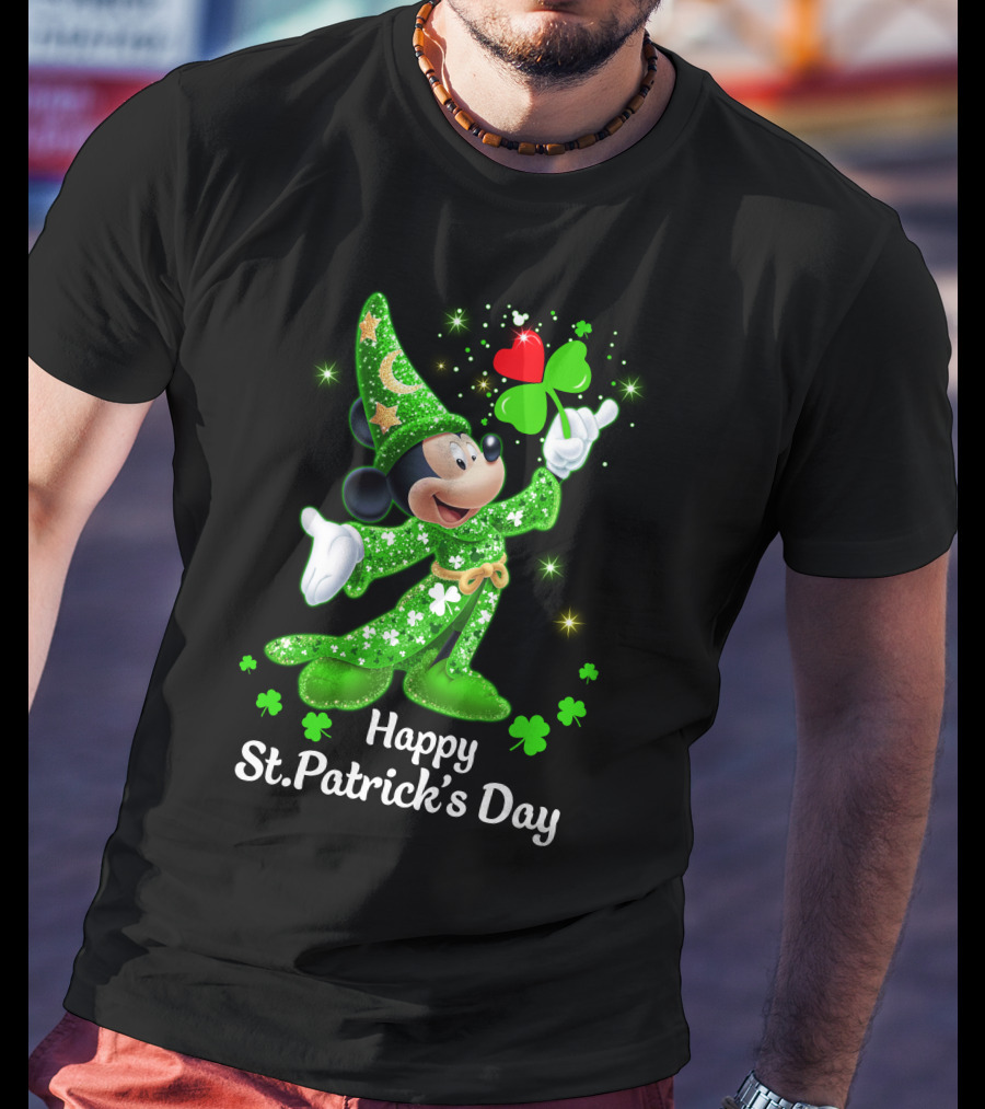 Happy St. Patrick's Day Mickey In Green Wizard Cloak With Clover Magic T-Shirt