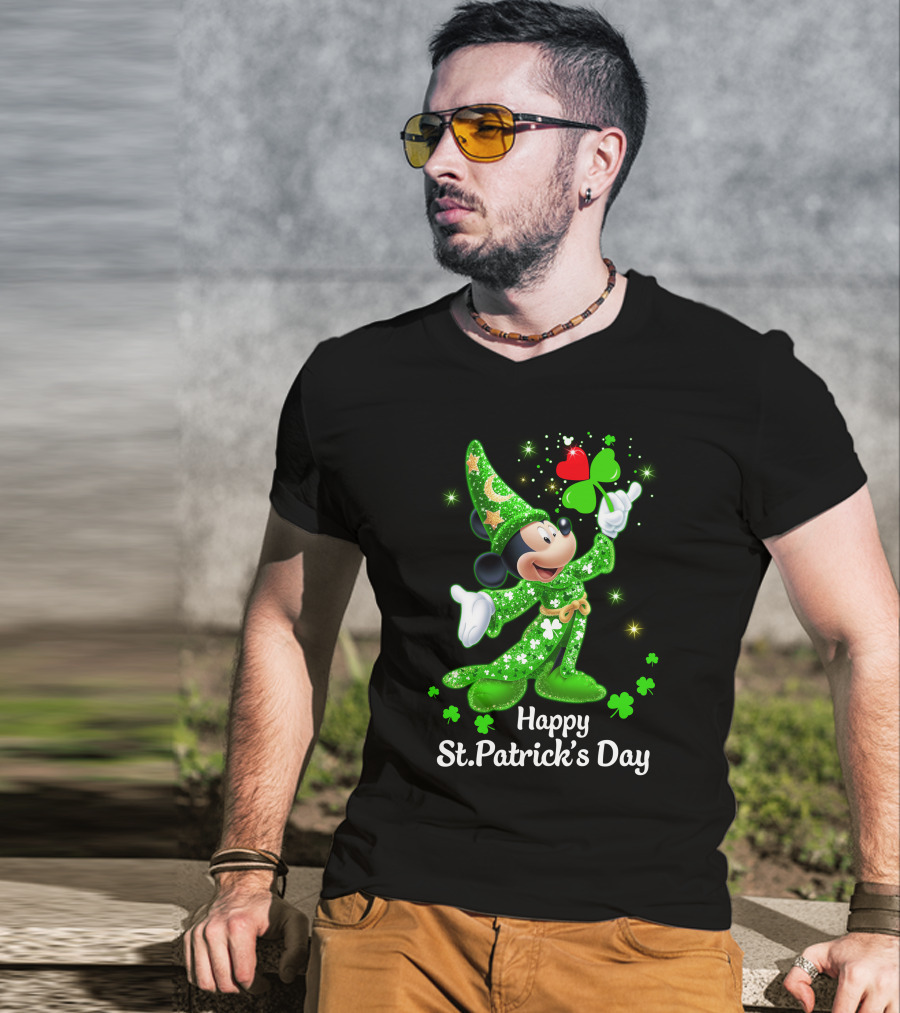 Happy St. Patrick's Day Mickey In Green Wizard Cloak With Clover Magic T-Shirt
