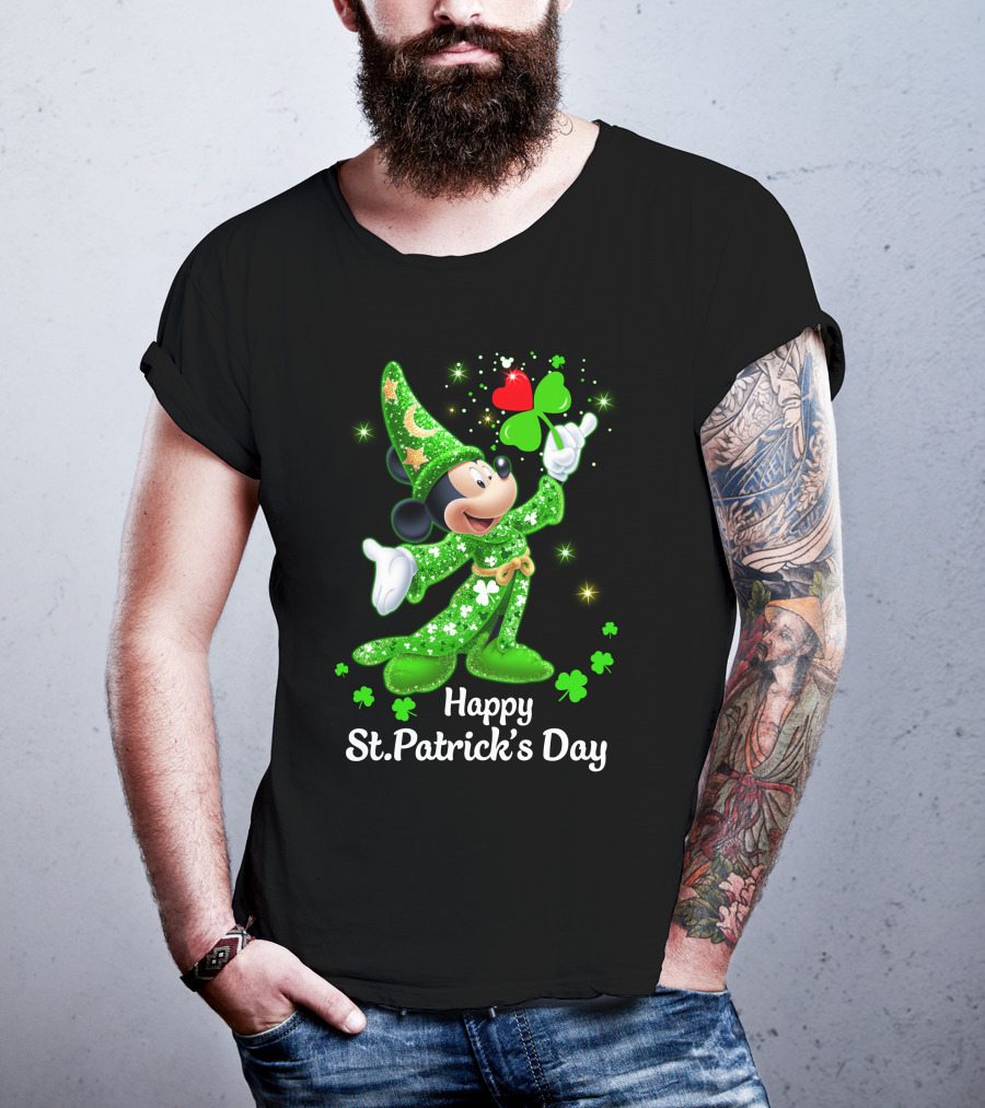 Happy St. Patrick's Day Mickey In Green Wizard Cloak With Clover Magic T-Shirt