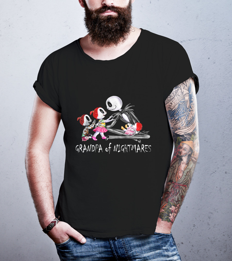 Grandpa Of Nightmares With Three Girls And Skeleton Figure T-Shirt