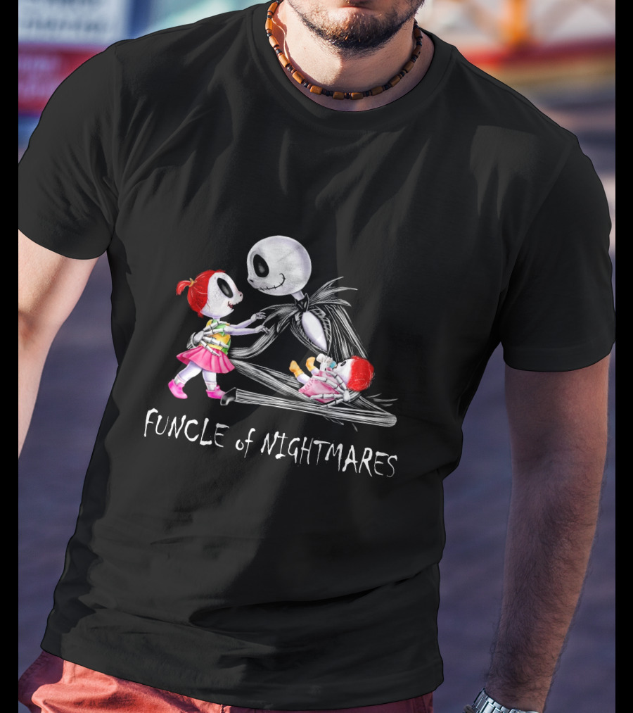 Funcle Of Nightmares With Two Girls And Skeleton Character T-Shirt