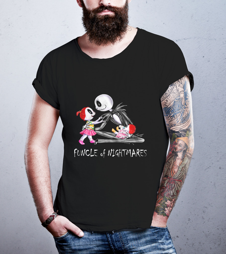 Funcle Of Nightmares With Two Girls And Skeleton Character T-Shirt