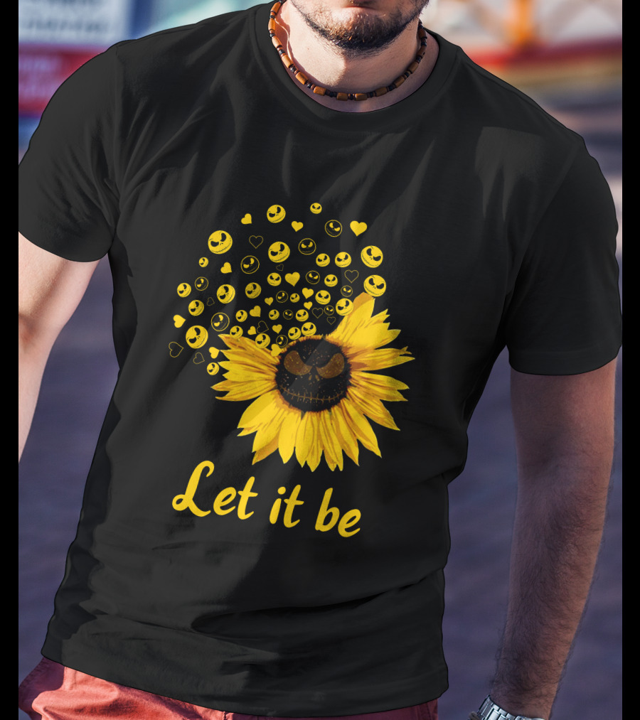 Jack Skellington Face Sunflower Let It Be Hearts Yellow Smiles T-Shirt