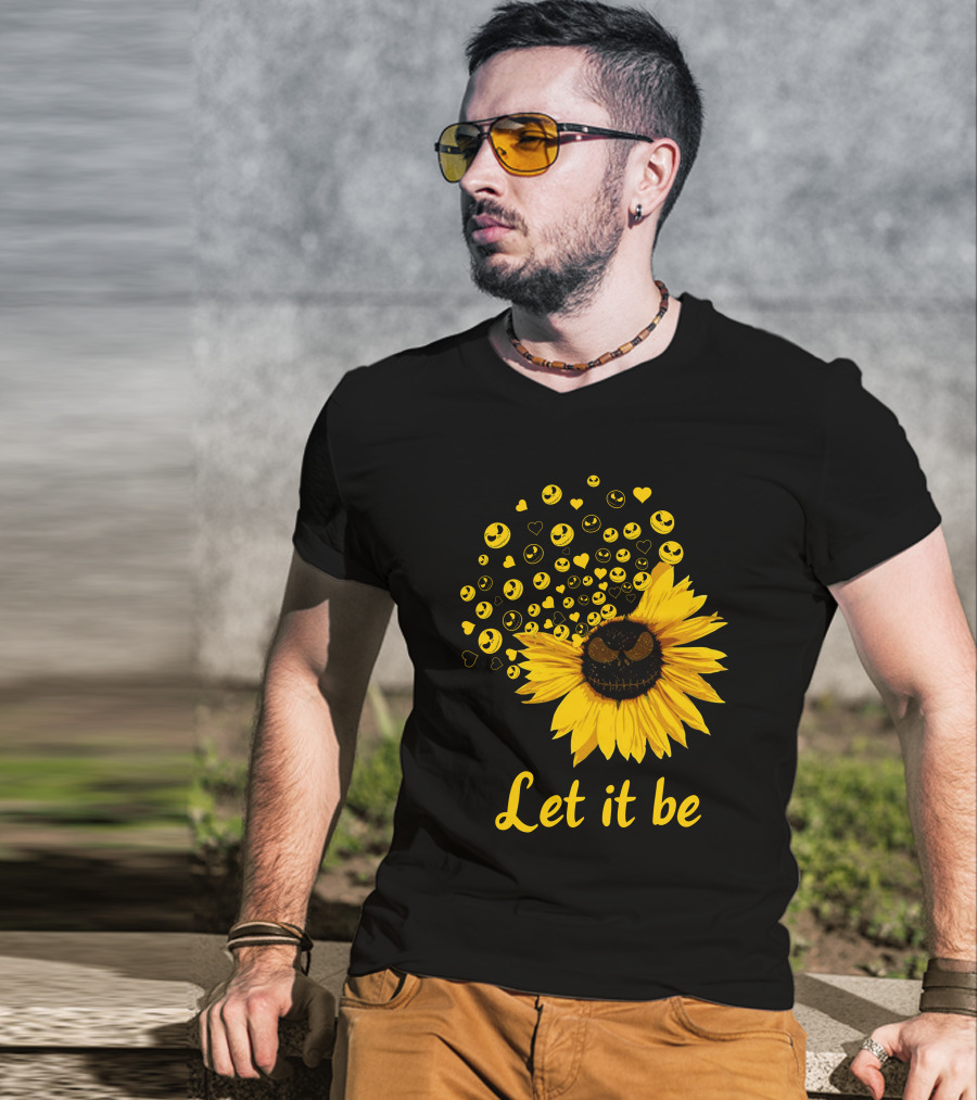 Jack Skellington Face Sunflower Let It Be Hearts Yellow Smiles T-Shirt