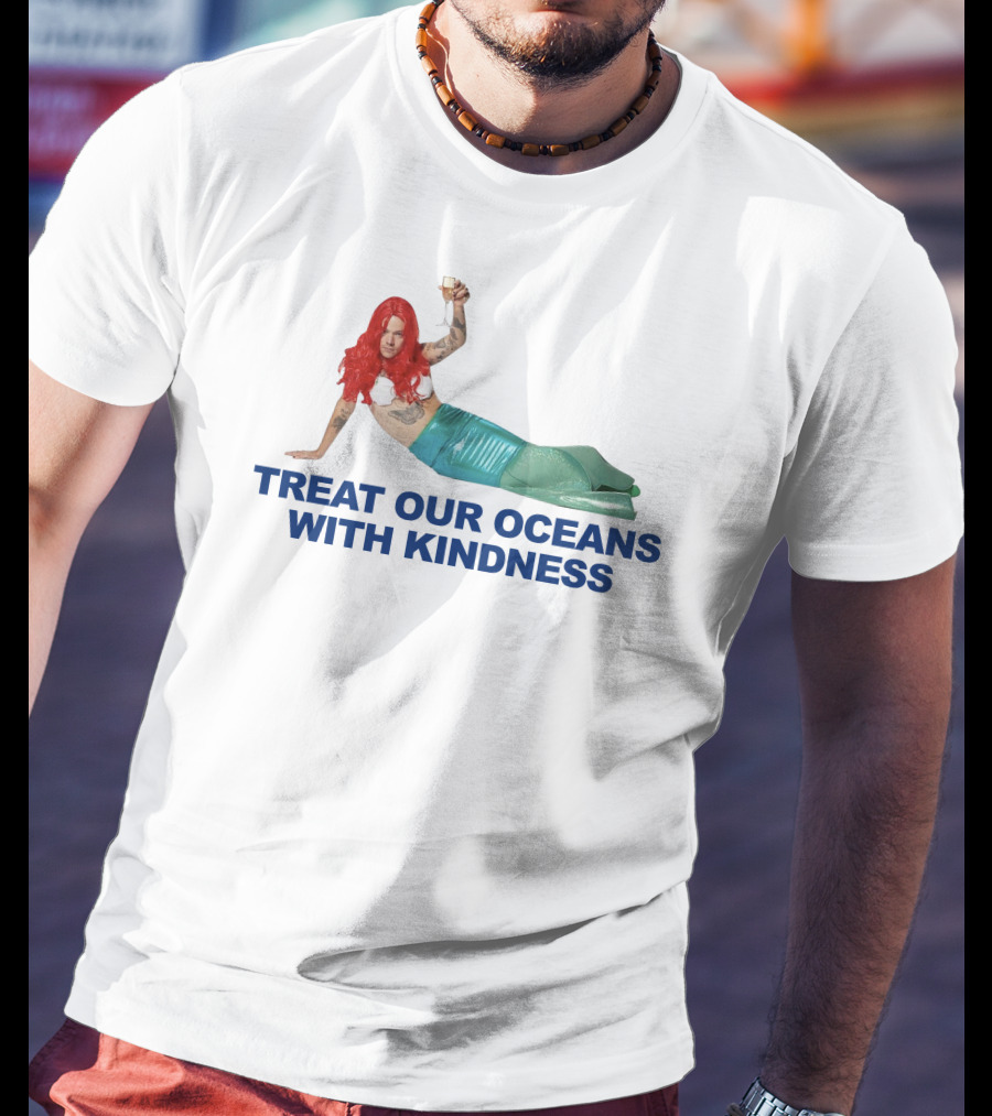 Treat Our Oceans With Kindness Red-Haired Mermaid Holding Glass T-Shirt