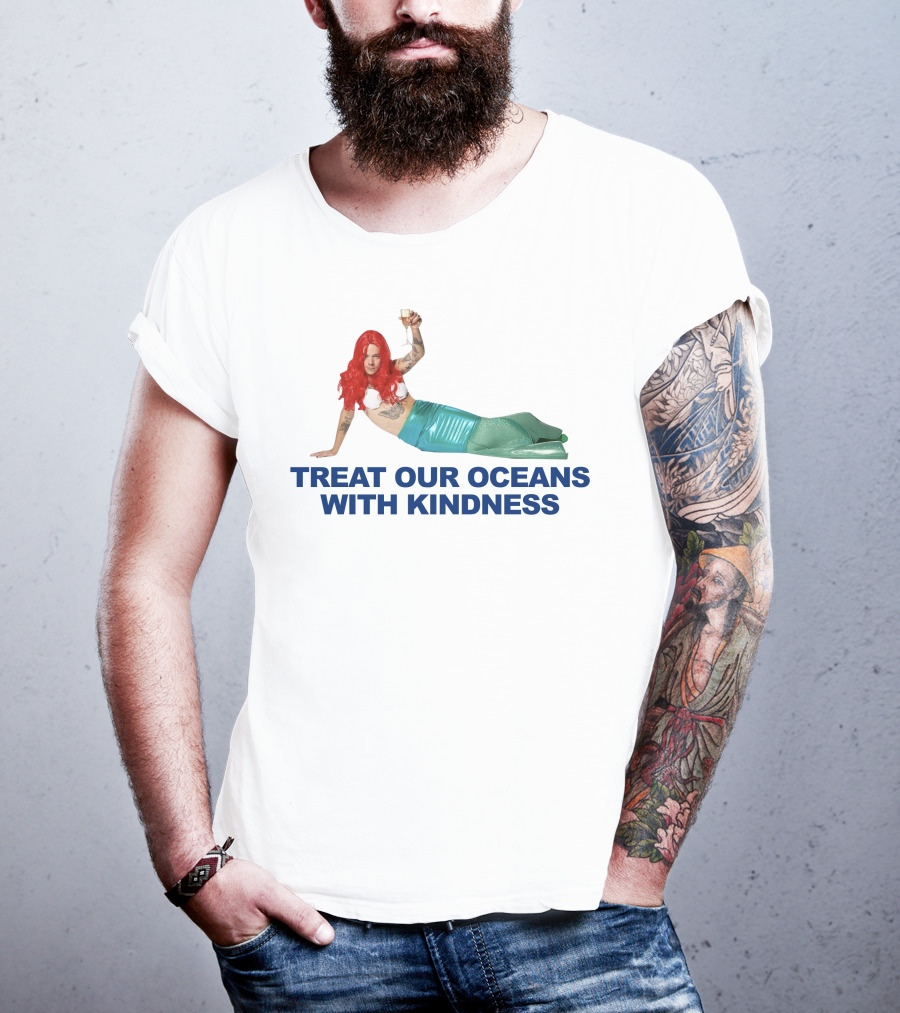 Treat Our Oceans With Kindness Red-Haired Mermaid Holding Glass T-Shirt