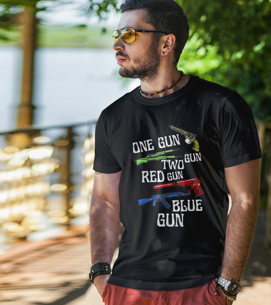 One Gun Two Gun Red Gun Blue Gun Dr. Seuss Humor With Colorful Firearms T-Shirt