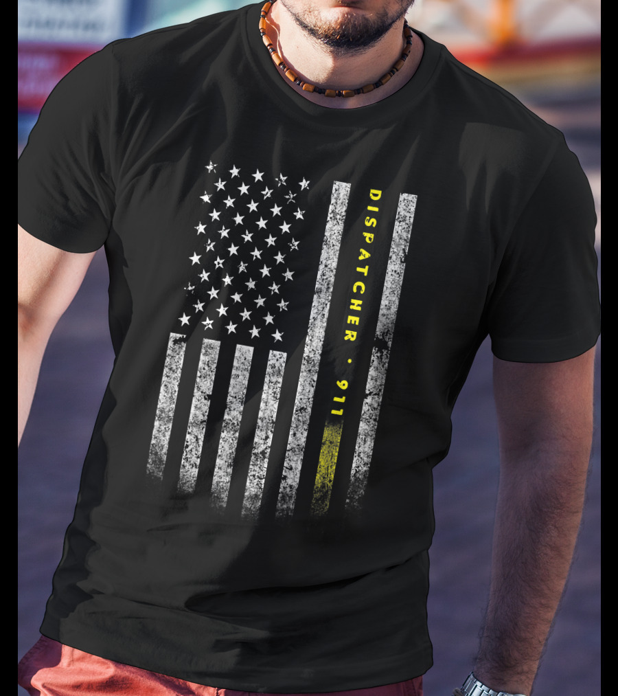 Dispatcher 911 American Flag With Gold Line USA Flag T-Shirt