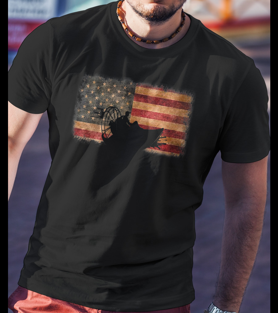 American Flag Airboat Racing Silhouette Over Rustic America T-Shirt