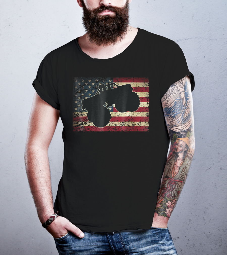 American Flag Monster Truck Silhouette Over T-Shirt