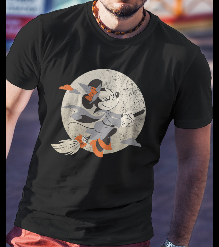 Minnie Mouse Disney Witch Flying On Broomstick Halloween Moon Scene T-Shirt