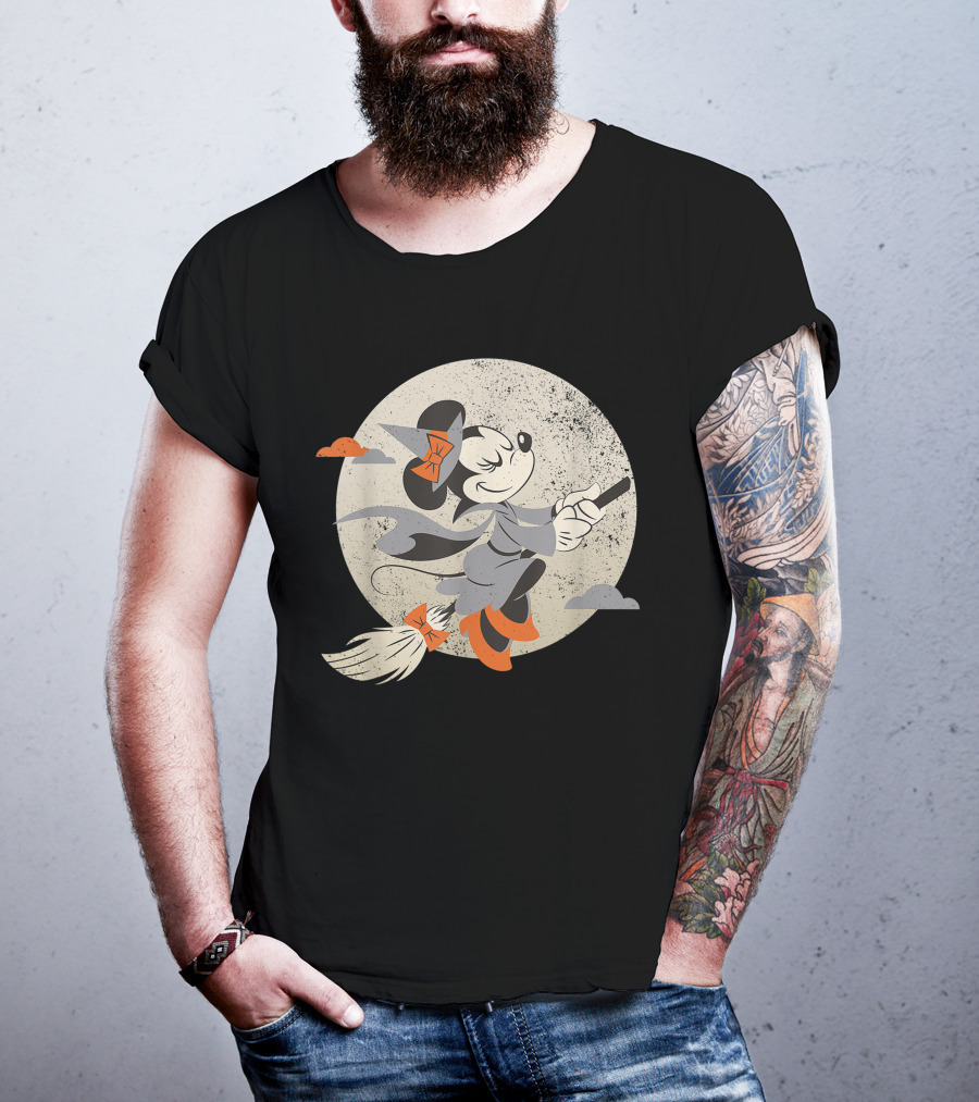 Minnie Mouse Disney Witch Flying On Broomstick Halloween Moon Scene T-Shirt