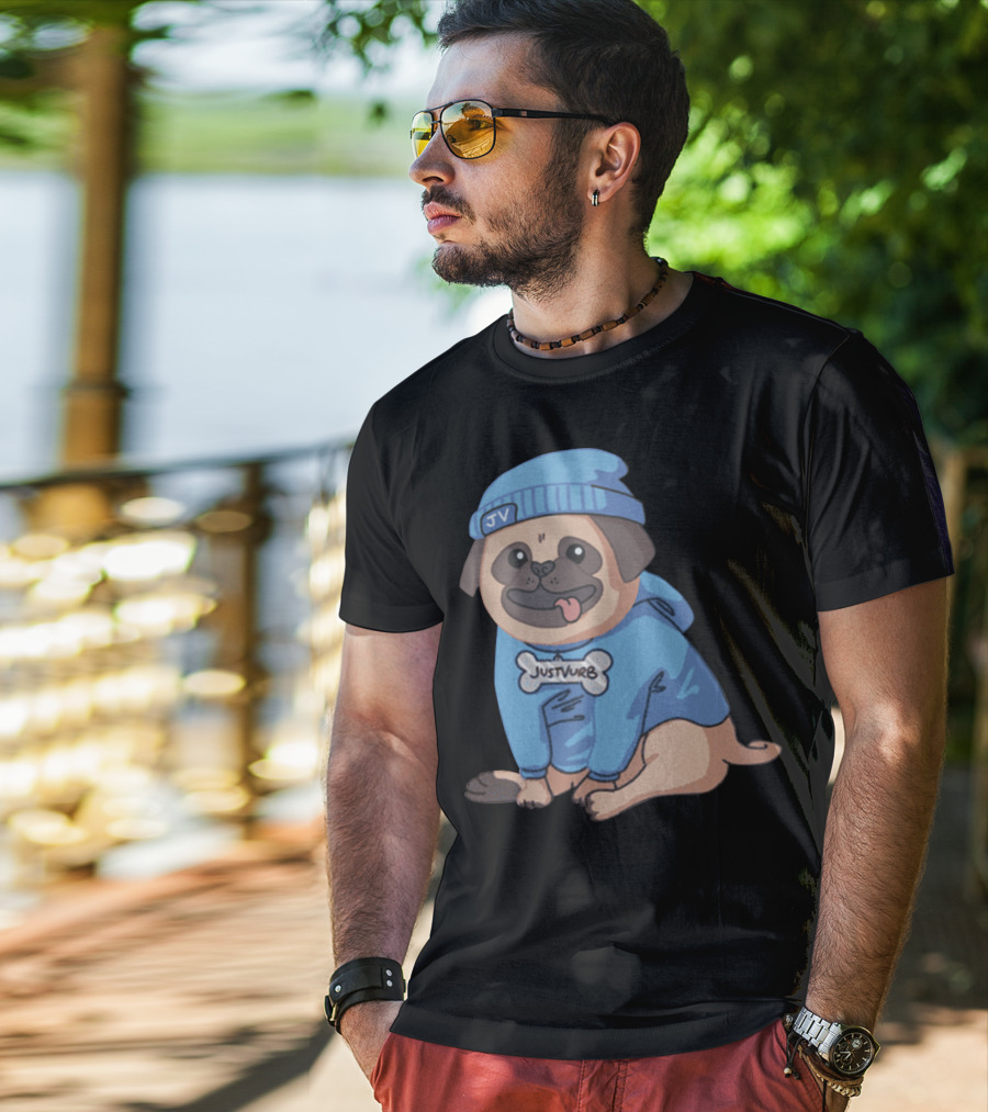 Justvurb JV Pug Dog In Blue Hoodie And Beanie T-Shirt