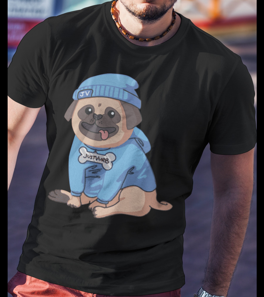 Justvurb JV Pug Dog In Blue Hoodie And Beanie T-Shirt