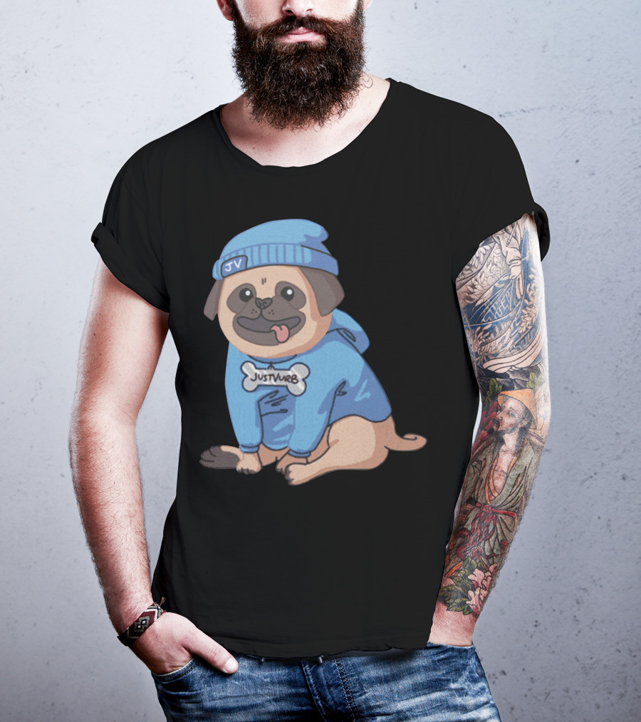 Justvurb JV Pug Dog In Blue Hoodie And Beanie T-Shirt