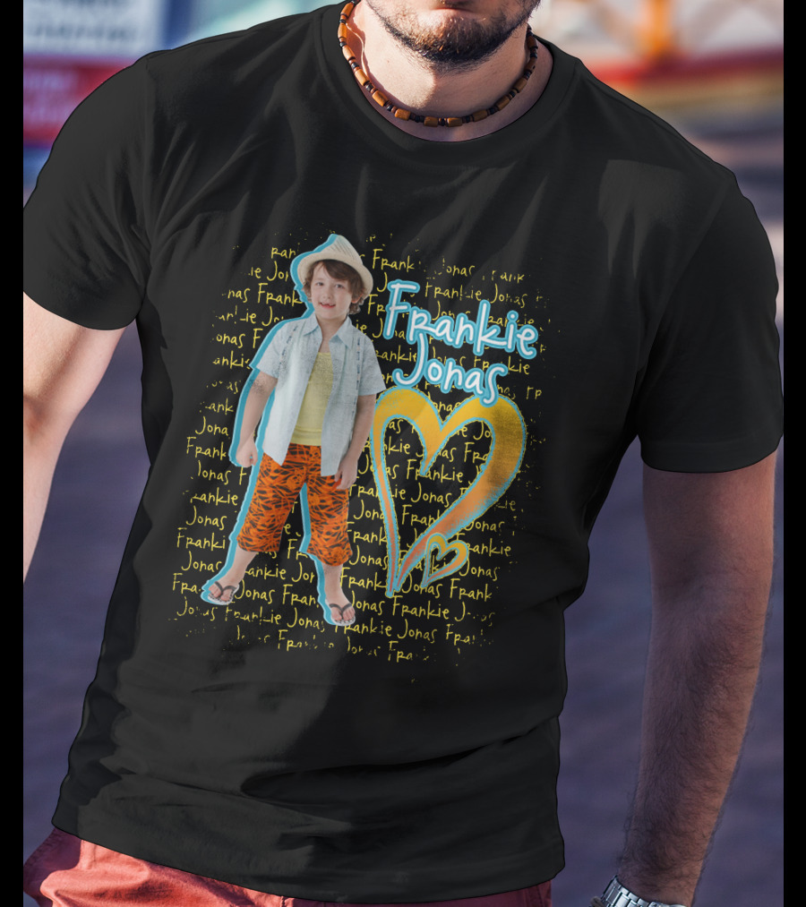Frankie Jonas In Colorful Outfit With Heart And Repeated Name T-Shirt