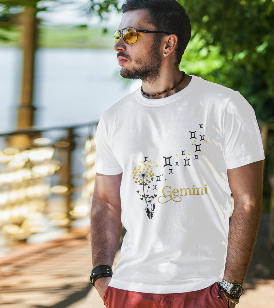 Gemini Zodiac Symbol Flower With Hearts And Emblem Accents T-Shirt