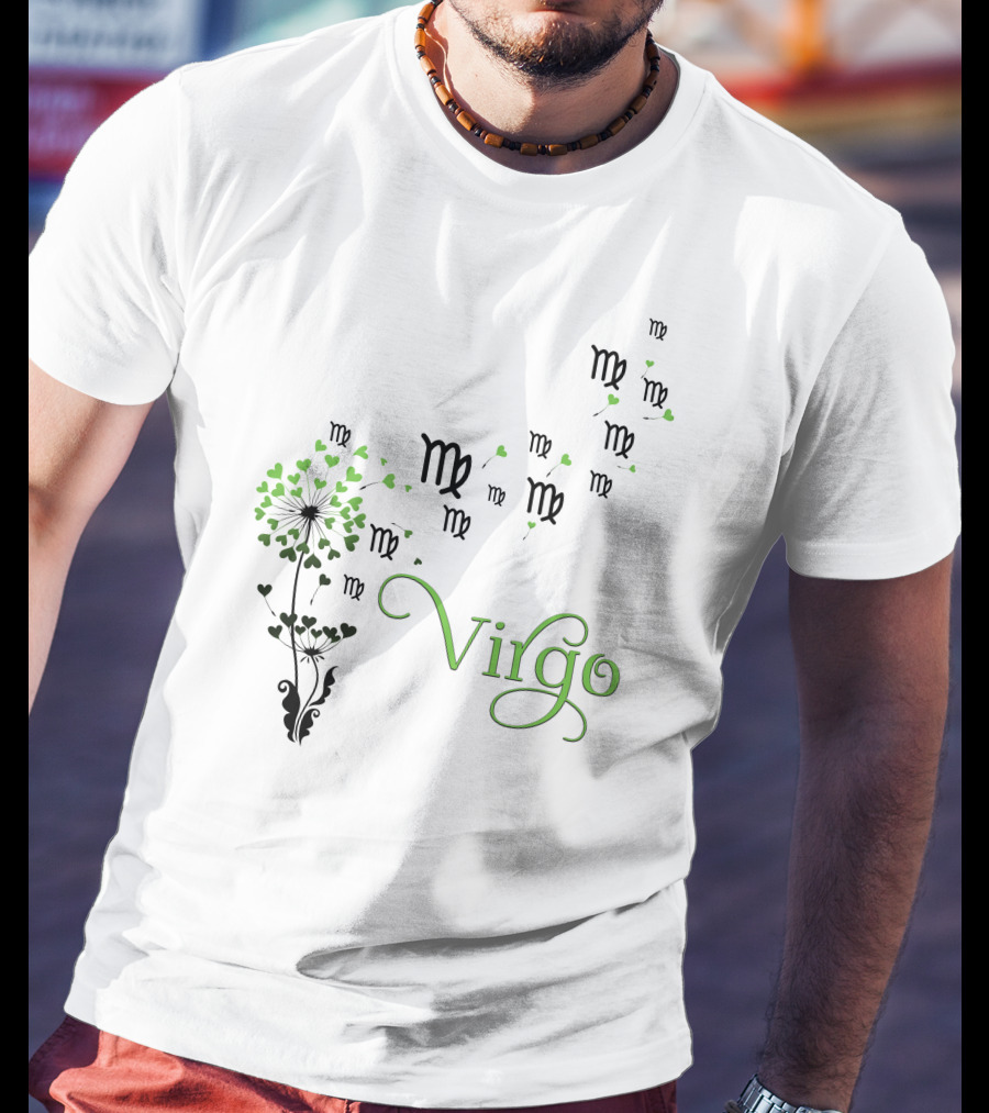 Virgo Zodiac Symbol Flower With Green Heart Leaves T-Shirt
