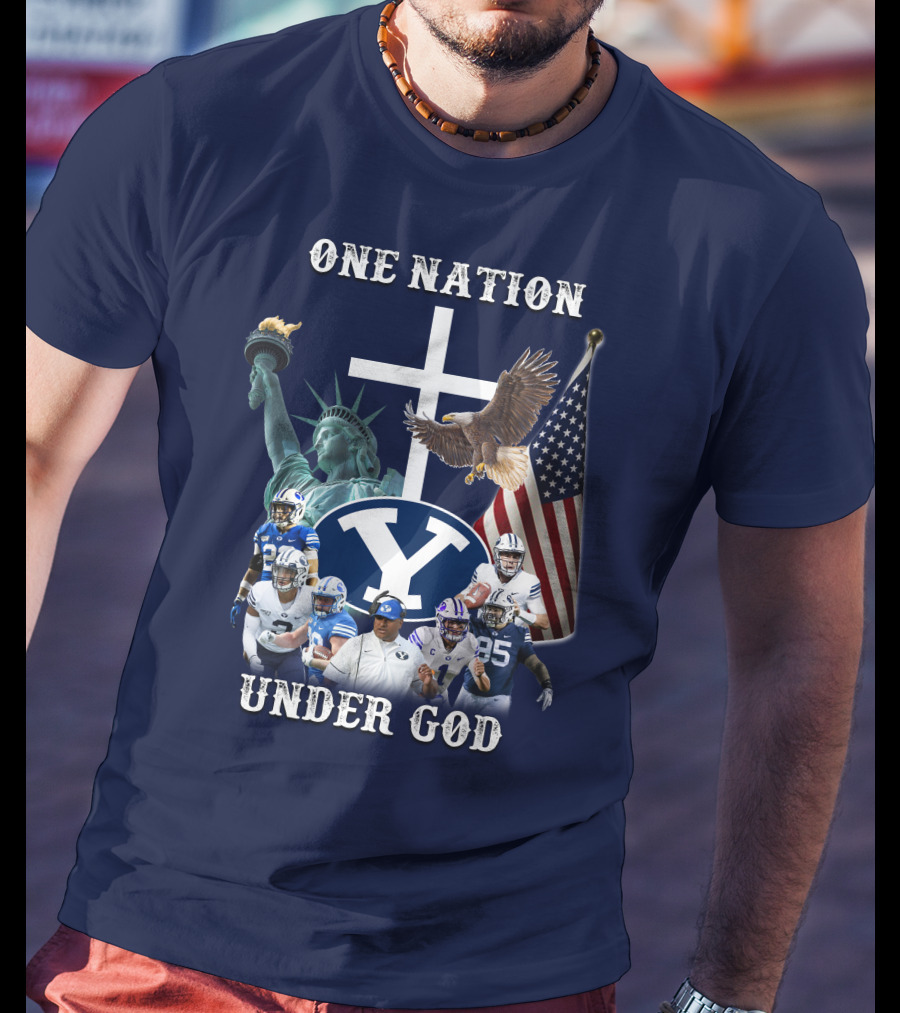BYU One Nation Under God Coach Football Statue Liberty Cross Eagle Flag T-Shirt