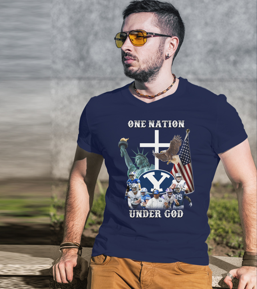 BYU One Nation Under God Coach Football Statue Liberty Cross Eagle Flag T-Shirt
