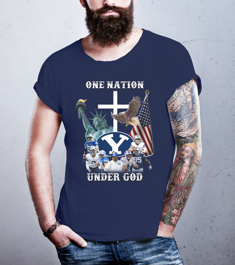 BYU One Nation Under God Coach Football Statue Liberty Cross Eagle Flag T-Shirt