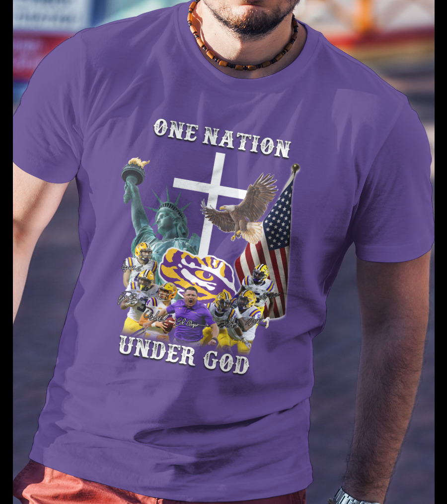 LSU Tigers Football One Nation Under God Coach Players Statue Of Liberty Eagle American Flag T-Shirt
