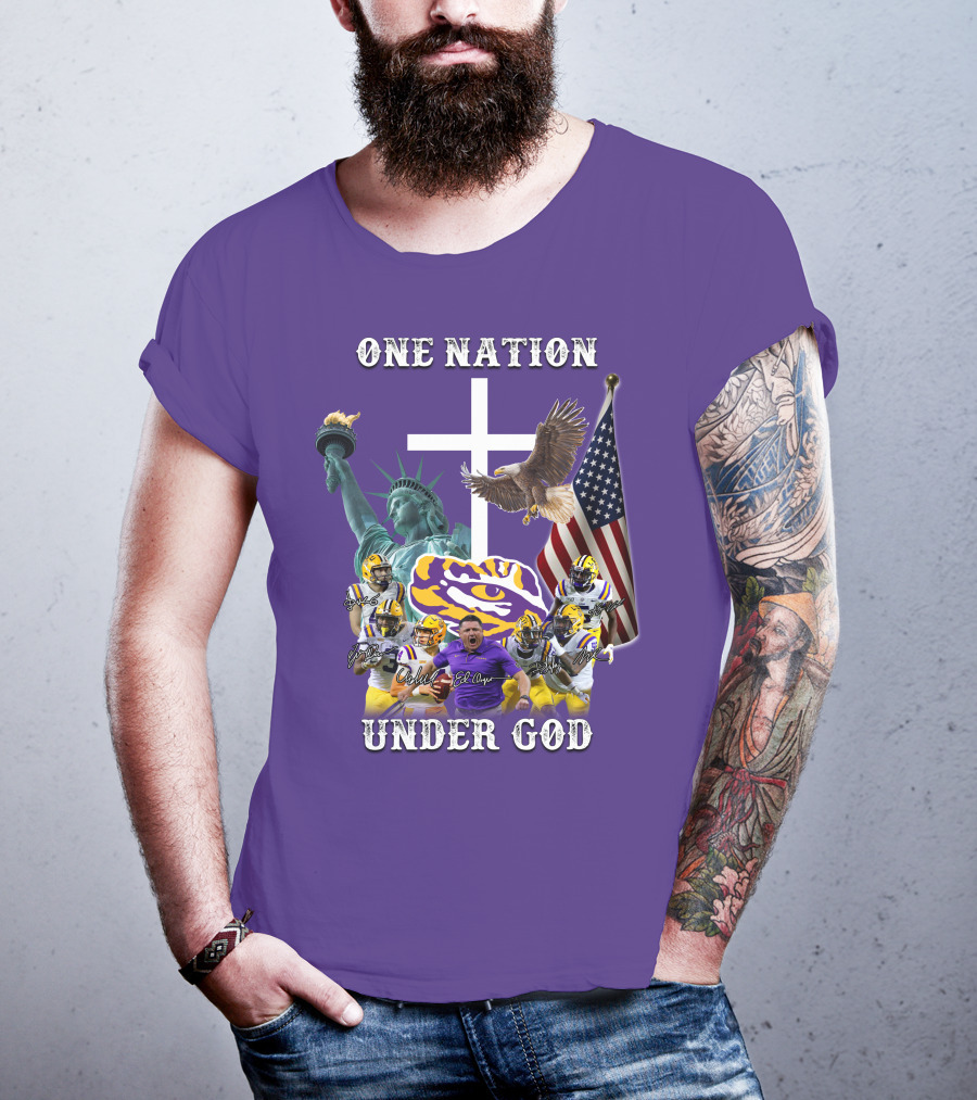 LSU Tigers Football One Nation Under God Coach Players Statue Of Liberty Eagle American Flag T-Shirt