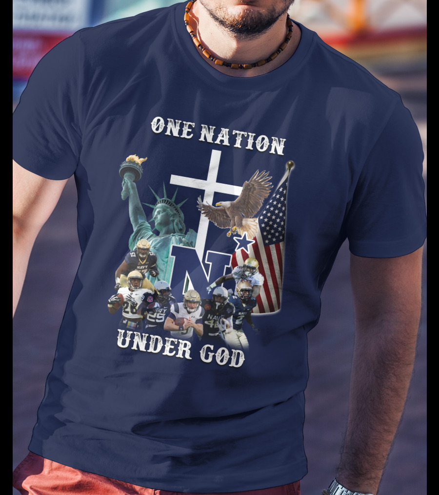 NM One Nation Under God Navy Football Statue Liberty American Flag Eagle T-Shirt