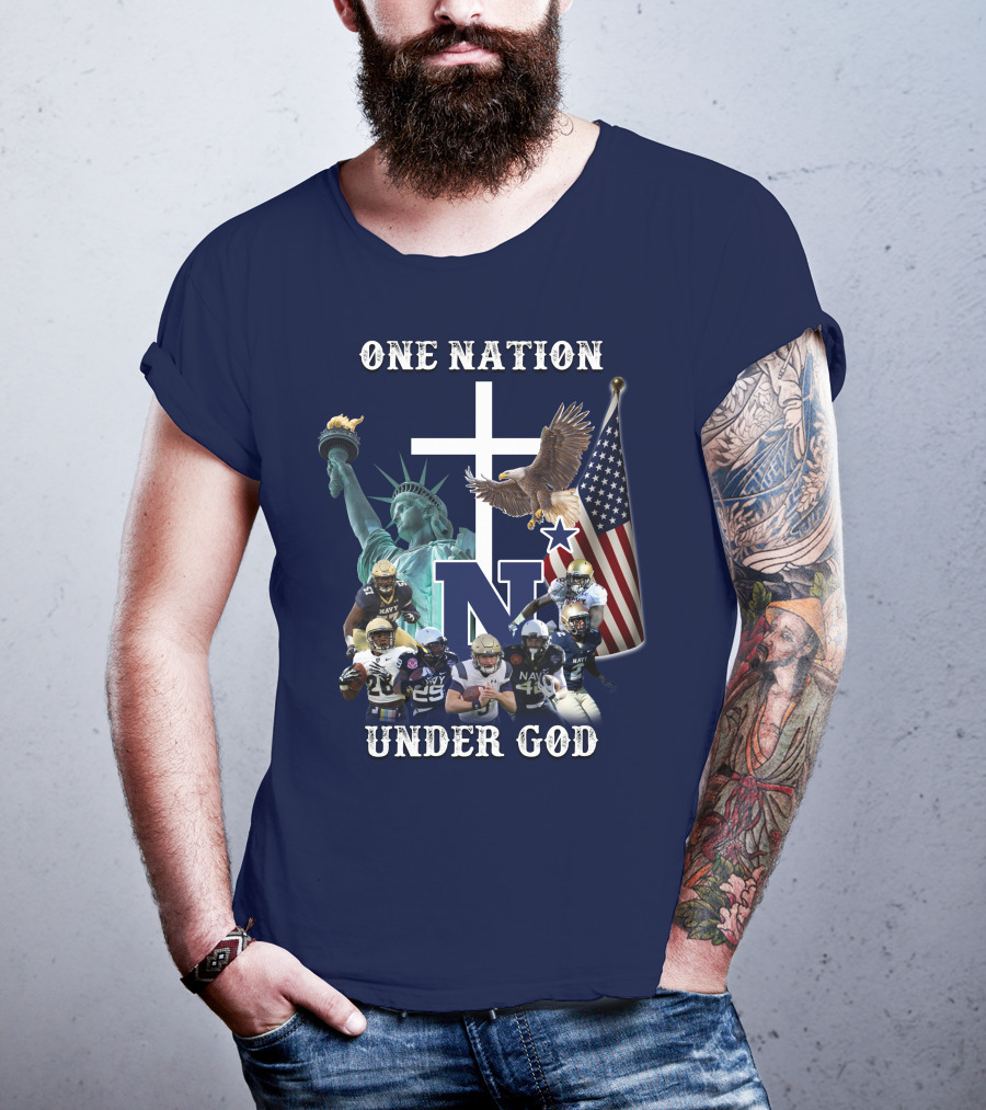 NM One Nation Under God Navy Football Statue Liberty American Flag Eagle T-Shirt
