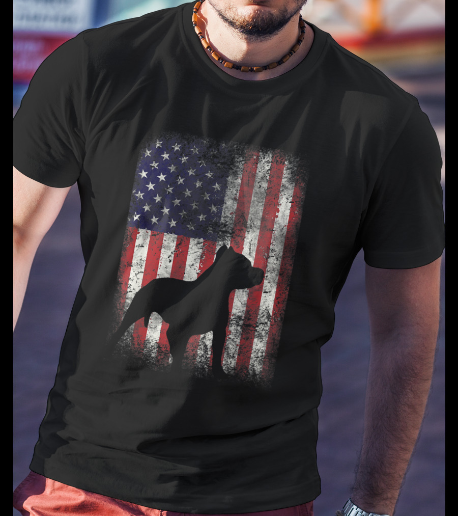 Pitbull Silhouette Against American Flag USA Patriotic T-Shirt