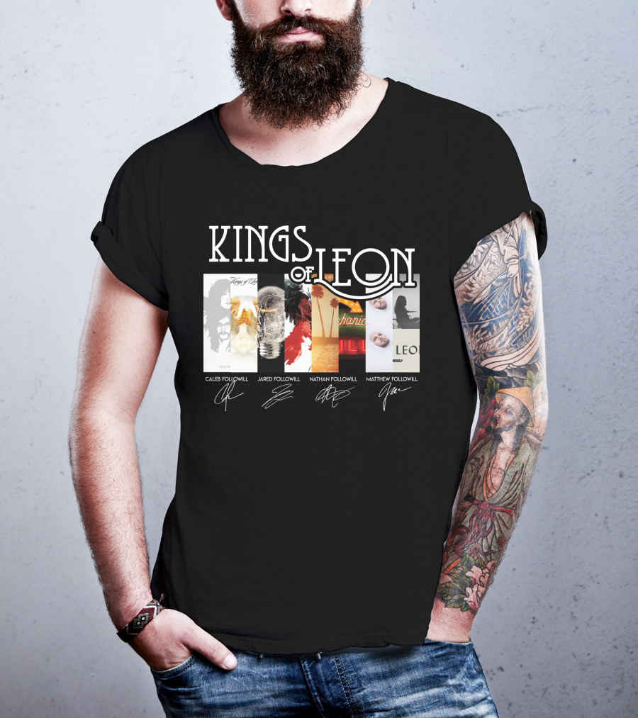 Kings Of Leon Youth And Young Manhood Album Covers With Caleb Jared Nathan Matthew Followill Signatures T-Shirt