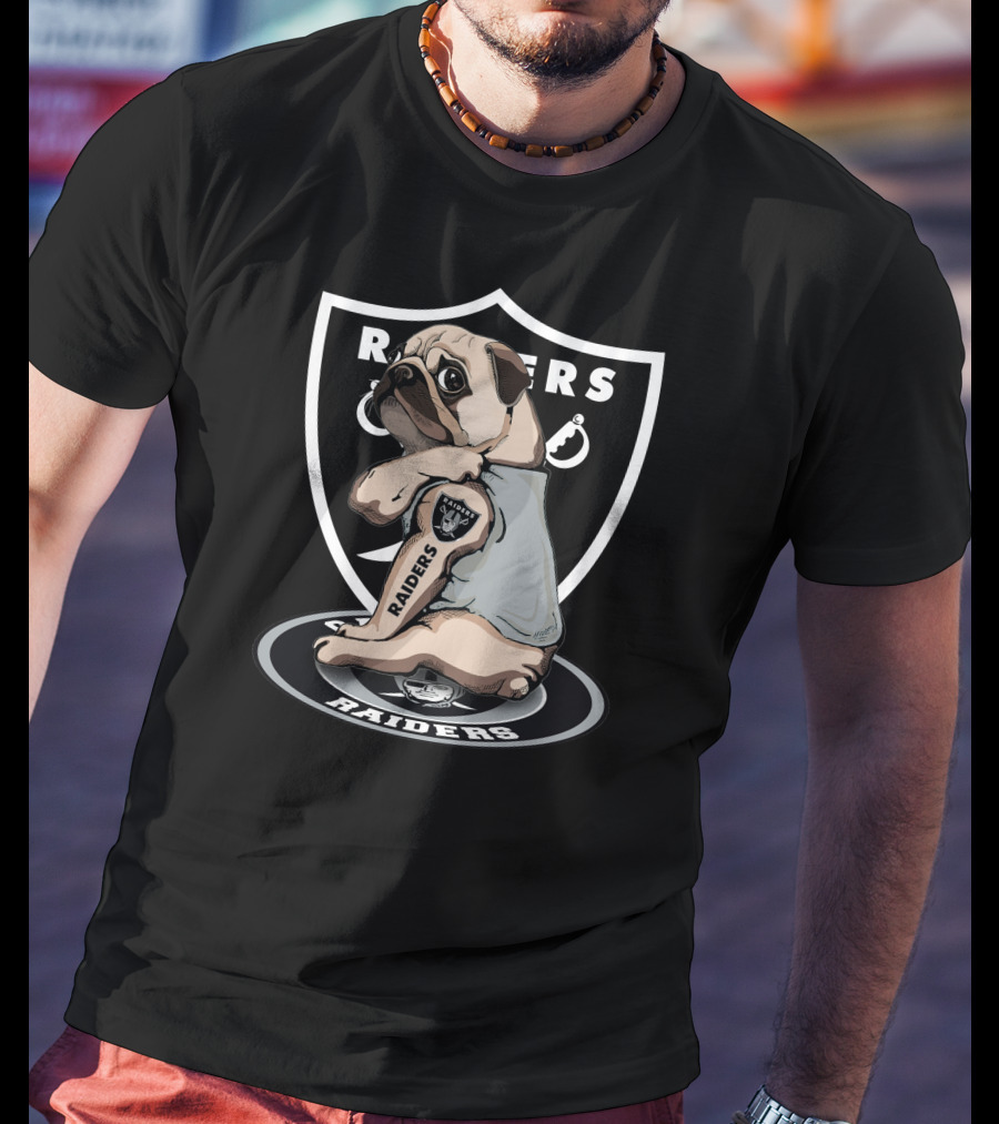 Pug Raiders NFL Team Parody With Tattoo And Shield T-Shirt