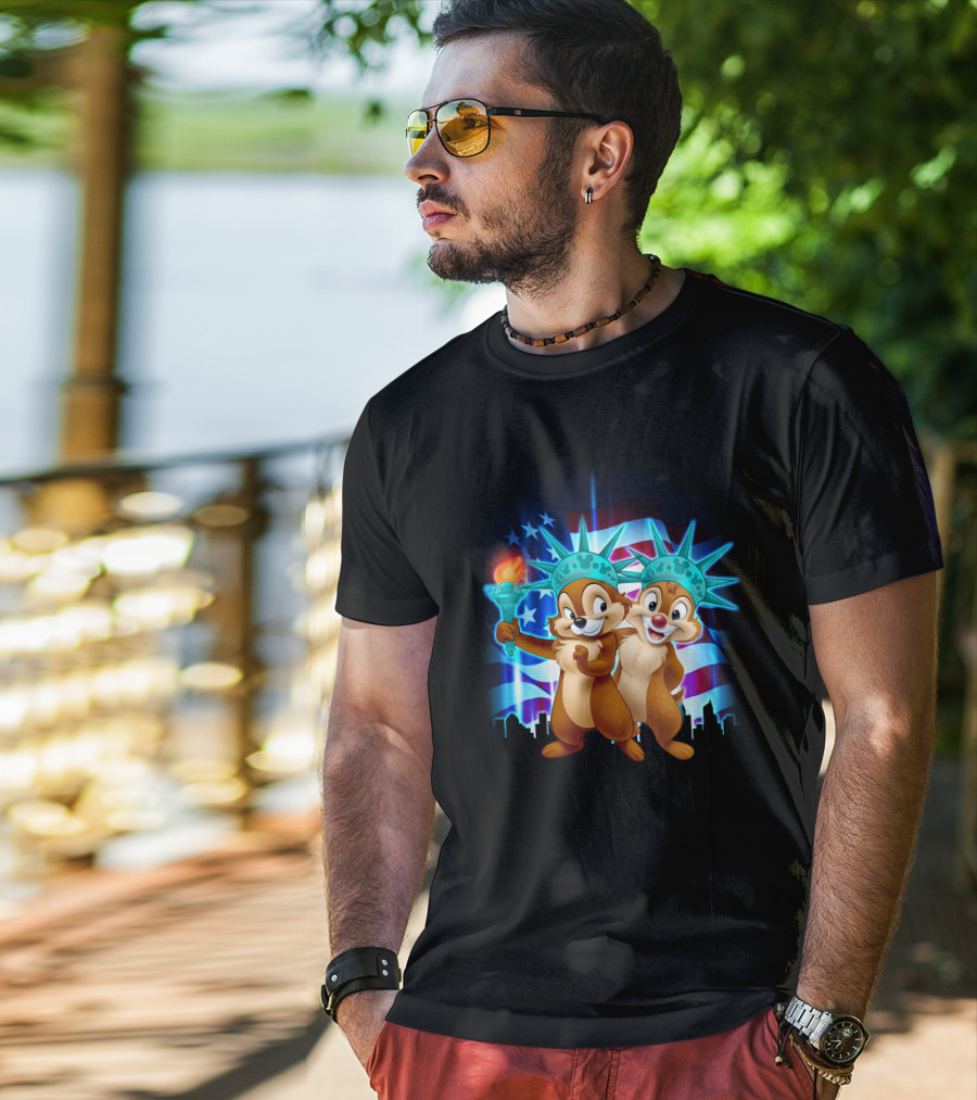 Chip And Dale Fourth Of July Statue Of Liberty With American Flag Background T-Shirt