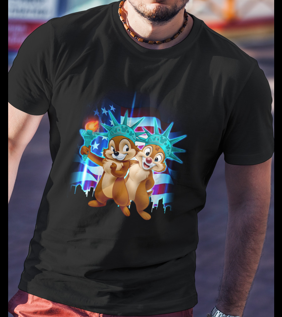Chip And Dale Fourth Of July Statue Of Liberty With American Flag Background T-Shirt