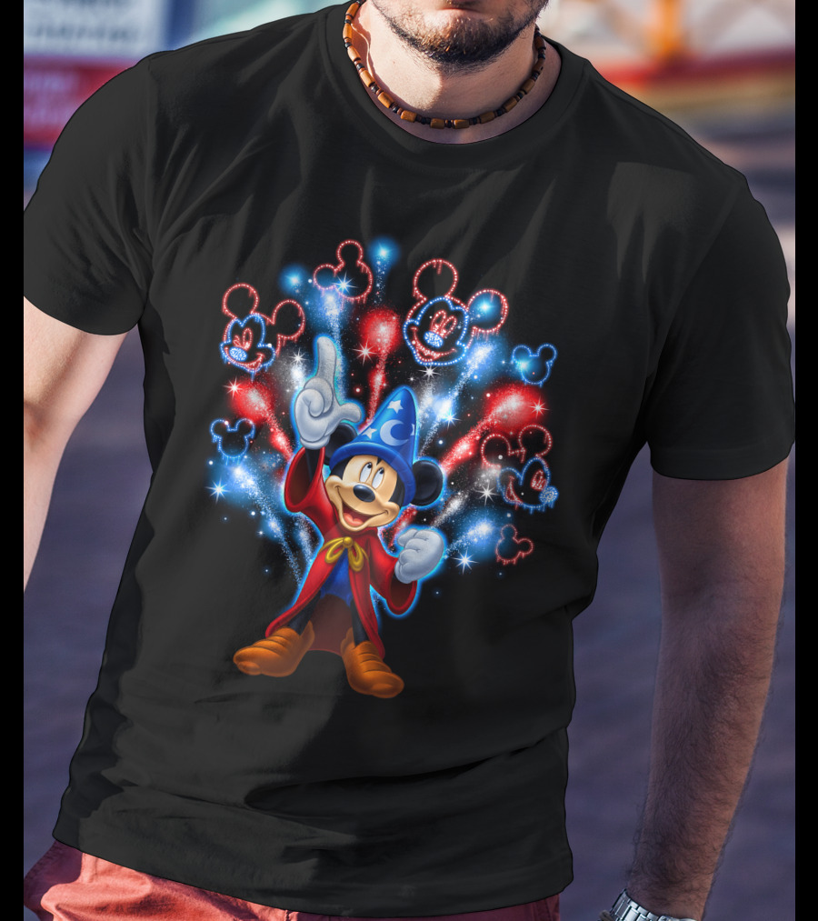 Sorcerer Mickey Mouse Red And Blue Fireworks Show T-Shirt